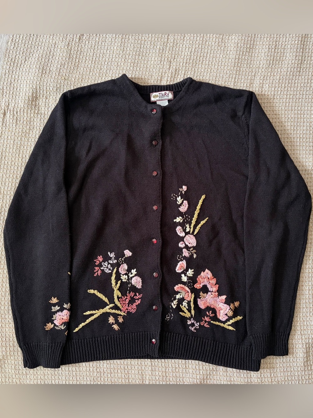 Tiara International Y2K Black Cardigan with Floral Embroidery Small